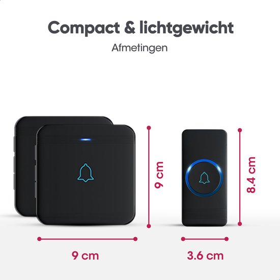 AVANTEK Draadloze deurbel met 2 ontvangers - Zwart - Bereik 400 meter - Waterdicht - Zonder batterijen - 52 melodieën