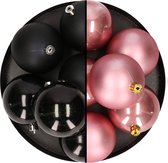 12x stuks kunststof kerstballen 8 cm mix van zwart en velvet roze - Kerstversiering