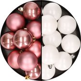 24x stuks kunststof kerstballen mix van oudroze en wit 6 cm - Kerstversiering