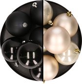 12x stuks kunststof kerstballen 8 cm mix van zwart en champagne - Kerstversiering