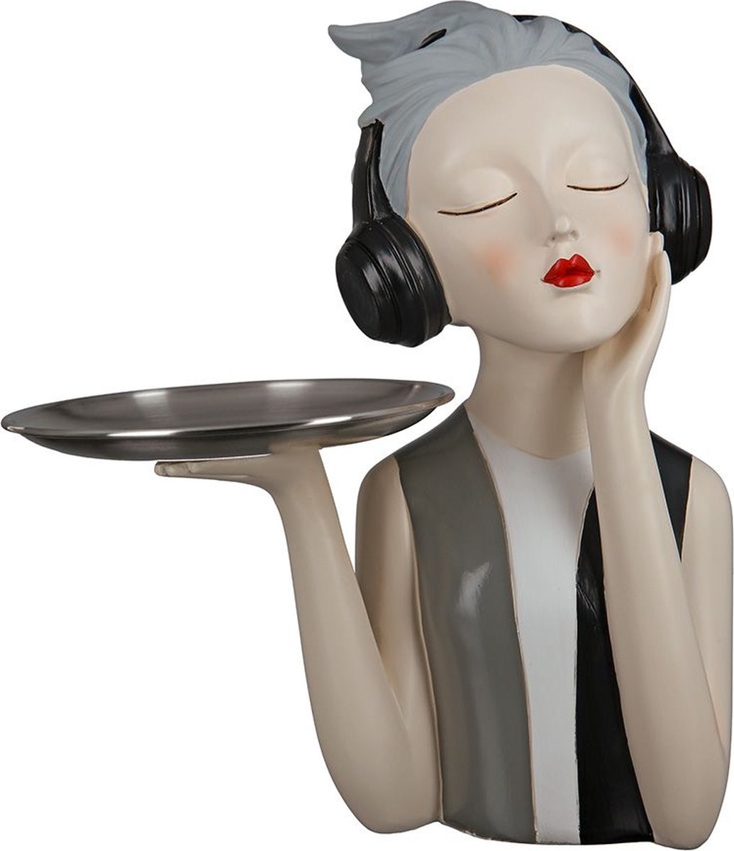 Beeld Meisje met koptelefoon - Grijs - Decoratie figuren - Polyresin - Hoogte 27 cm