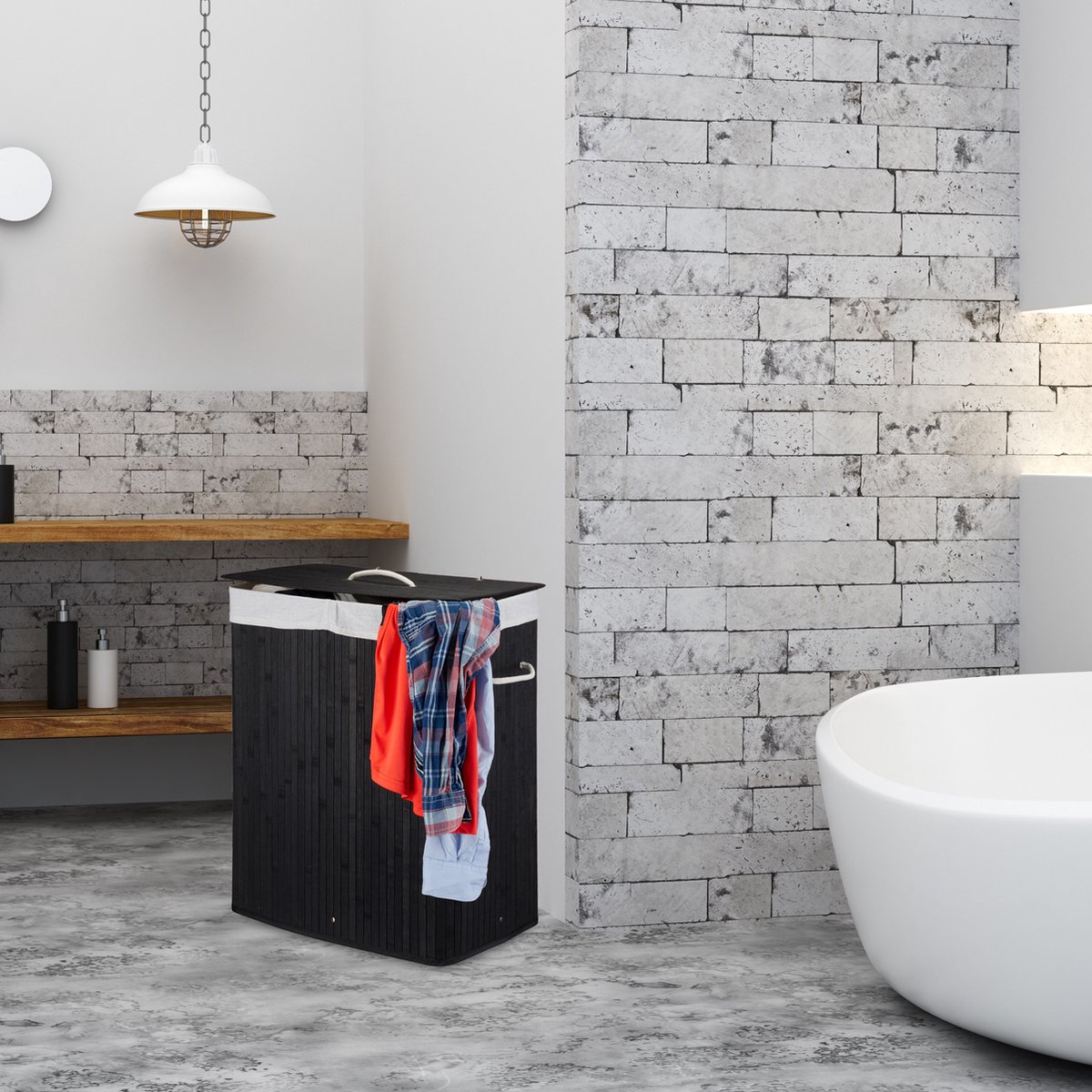 Relaxdays 2x Wasmand 2 Vakken - Bamboe Wasbox - 95 Liter Opvouwbaar Met Deksel