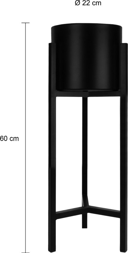 Zwarte plantenstandaard, 60 cm hoog met een diameter van 22 cm.