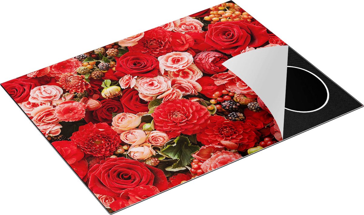 Chefcare Inductie Beschermer Rode en Roze Bloemen met Fruit - Abstract - 77x59 cm - Afdekplaat Inductie - Kookplaat Beschermer - Inductie Mat