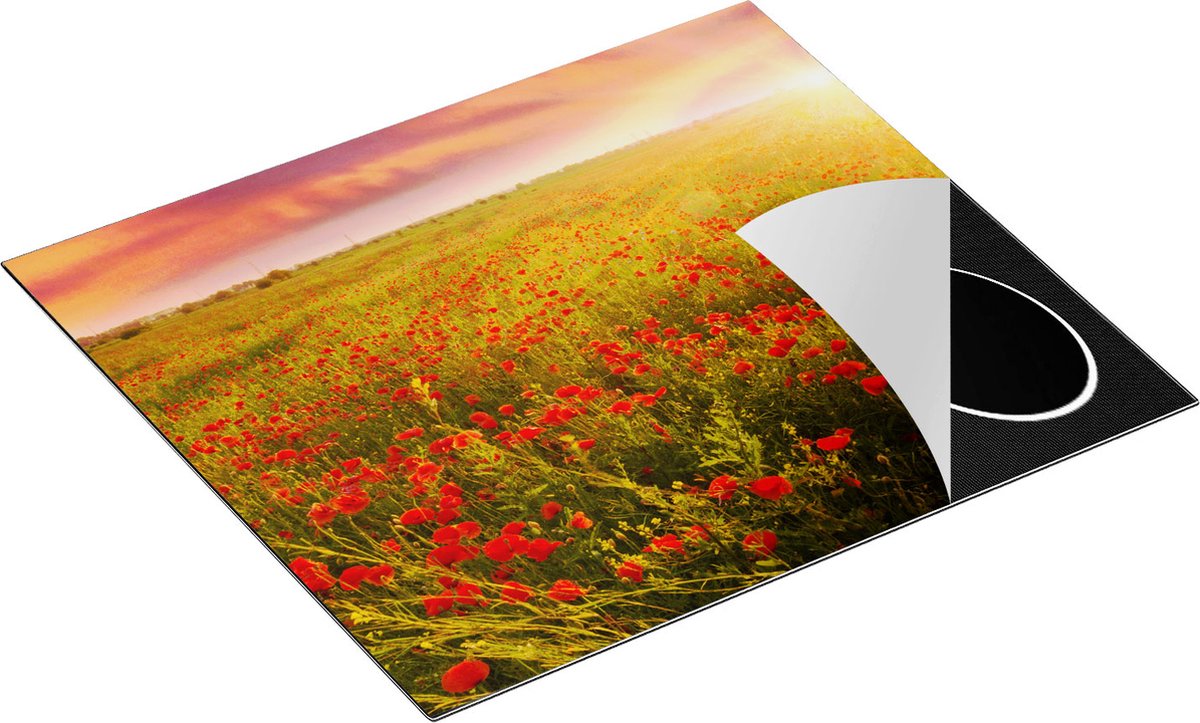 Chefcare Inductie Beschermer Rode Klaproos Bloemenveld - Zonsondergang - 60x55 cm - Afdekplaat Inductie - Kookplaat Beschermer - Inductie Mat