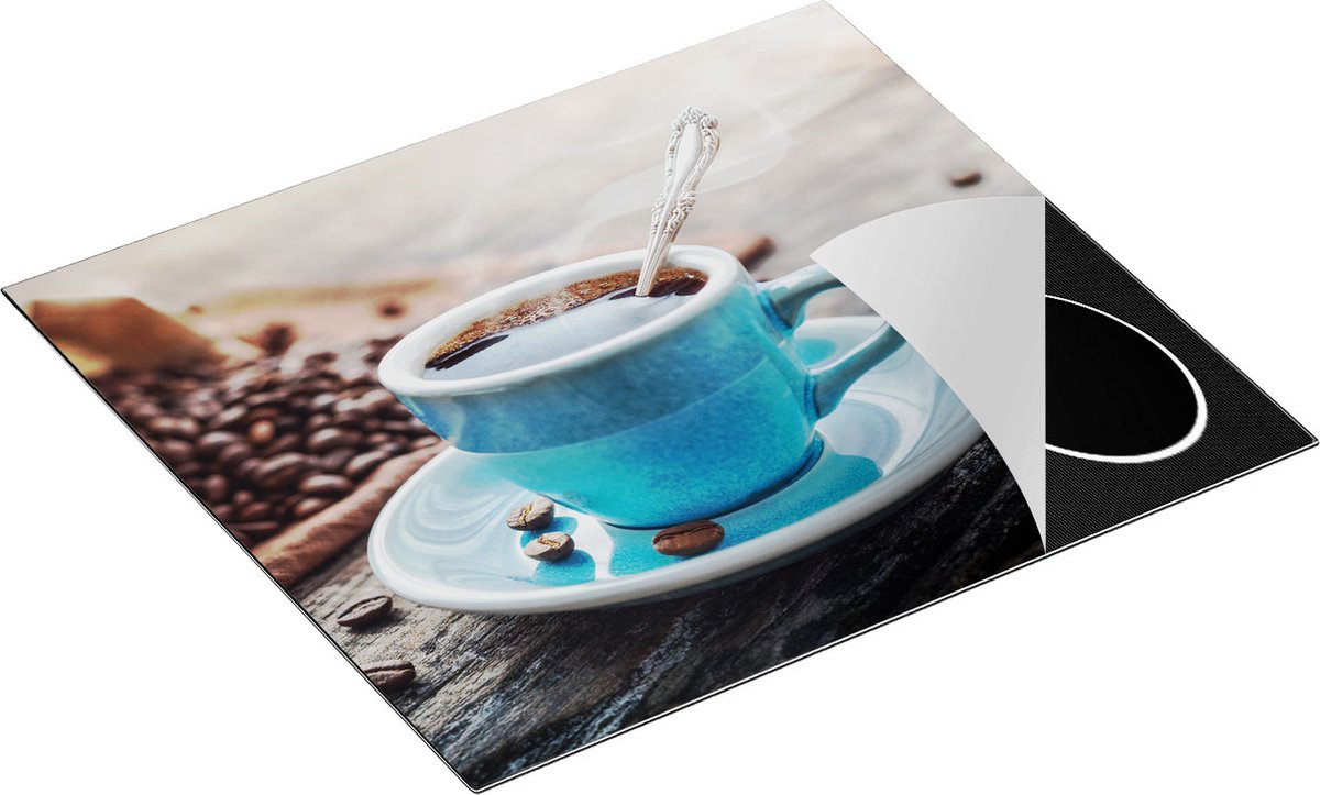 Chefcare Inductie Beschermer Blauw Kopje Koffie met Koffiebonen - 58,3x51,3 cm - Afdekplaat Inductie - Kookplaat Beschermer - Inductie Mat