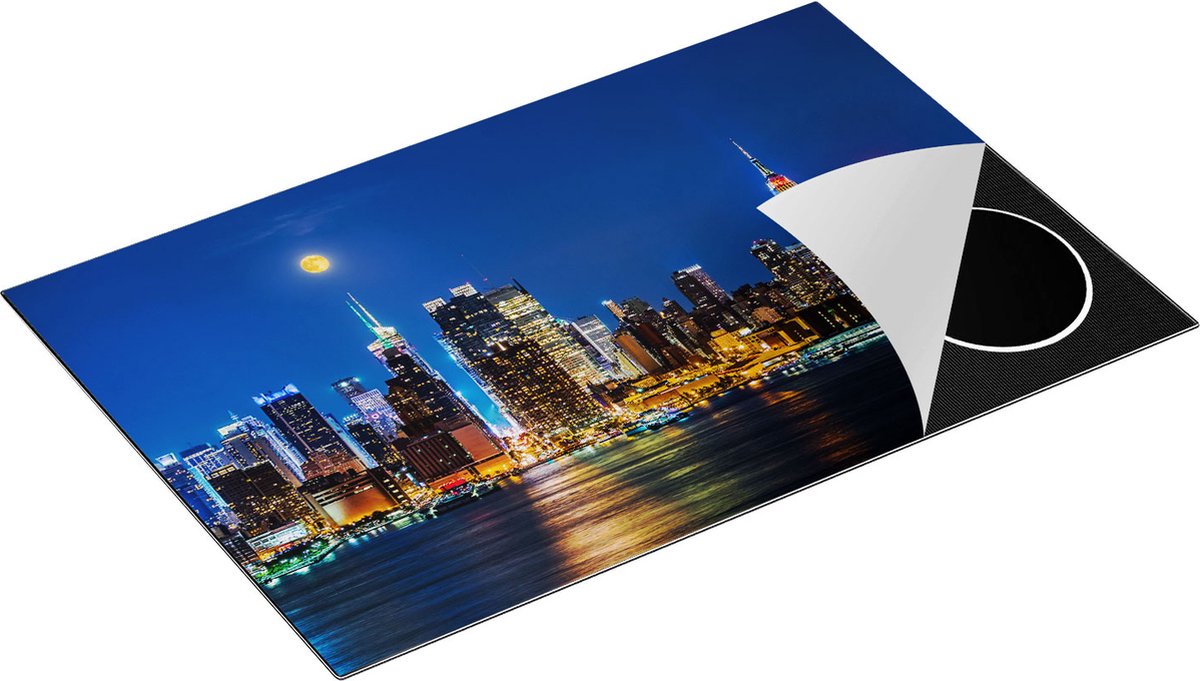 Chefcare Inductie Beschermer Verlichte Skyline van New York met Volle Maan - 80x50 cm - Afdekplaat Inductie - Kookplaat Beschermer - Inductie Mat