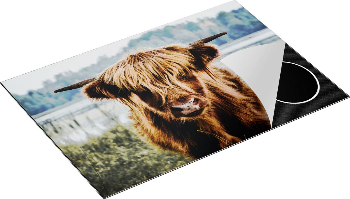 Chefcare Inductie Beschermer Schotse Hooglander Koeienkop bij een Meer - 75x50 cm - Afdekplaat Inductie - Kookplaat Beschermer - Inductie Mat
