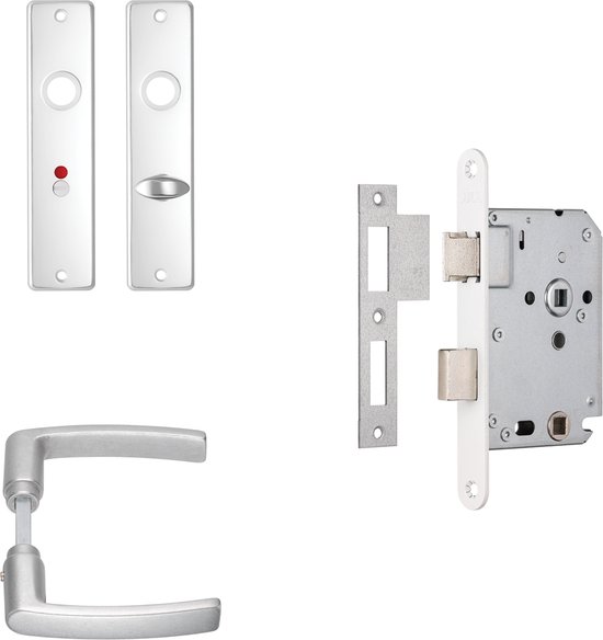 Zilverkleurige deurkruk op schild met toiletindicator, slot en bevestigingsmateriaal.