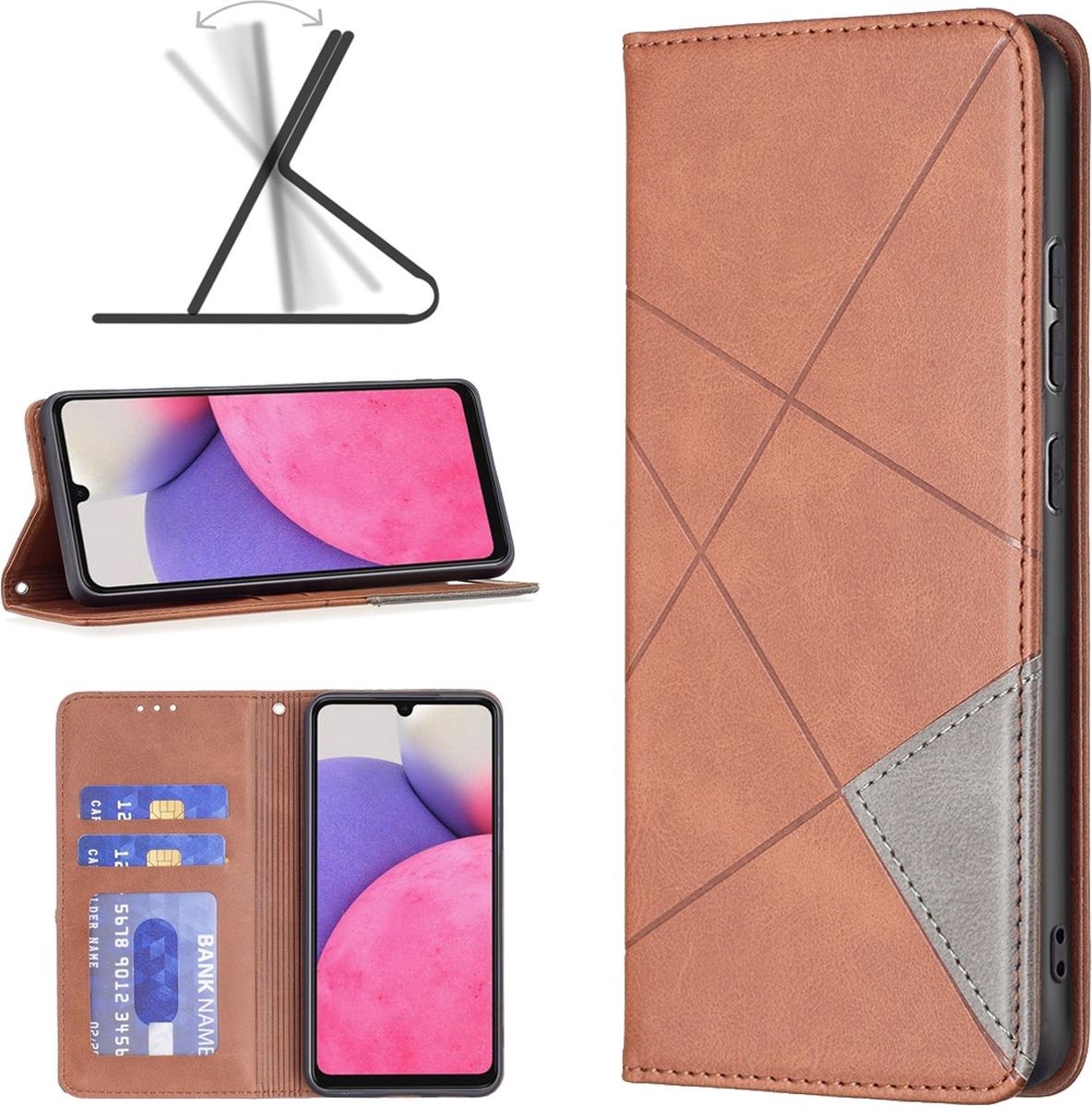 Mobigear Telefoonhoesje geschikt voor Samsung Galaxy A33 Hoesje | Mobigear Rhombus Slim Bookcase | Pasjeshouder voor 2 Pasjes | Telefoonhoesje voor Pinpas / OV Kaart / Rijbewijs - Bruin