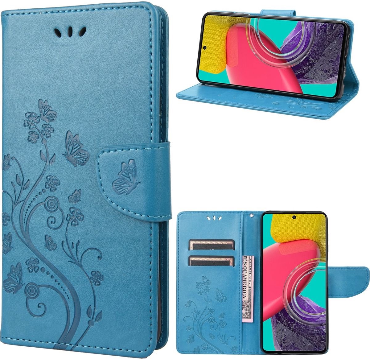 Mobigear Telefoonhoesje geschikt voor Samsung Galaxy M53 Hoesje | Mobigear Flowers Bookcase Portemonnee | Pasjeshouder voor 2 Pasjes | Telefoonhoesje voor Pinpas / OV Kaart / Rijbewijs - Blauw