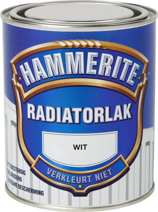 Hammerite Radiatorlak blik wit. Afbeelding van een radiator op het blik.