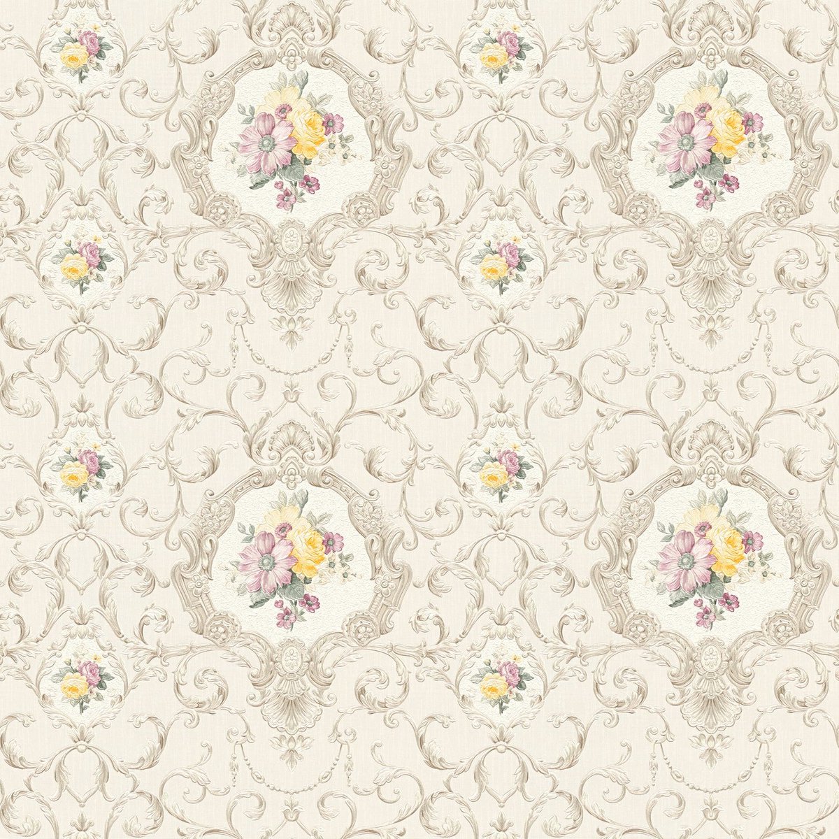 Barok behang Profhome 343912-GU vliesbehang licht gestructureerd in barok stijl mat beige grijs roze geel 5,33 m2