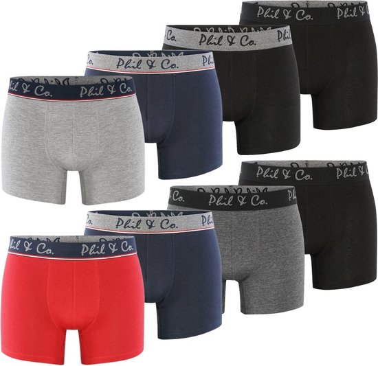 Phil & Co Boxershorts Heren Multipack 8-Pack Marine Rood Zwart Antraciet - Maat L | Onderbroek