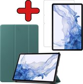 Hoes Geschikt voor Samsung Galaxy Tab S8 Hoes Book Case Hoesje Luxe Trifold Cover Met Screenprotector - Hoesje Geschikt voor Samsung Tab S8 Hoesje Bookcase - Donkergroen