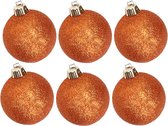 6x stuks kunststof glitter kerstballen oranje 8 cm - Onbreekbare kerstballen - Kerstversiering