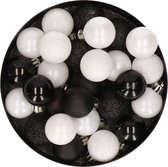 28x stuks kunststof kerstballen zwart en wit mix 3 cm - Kerstboomversiering