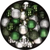 28x stuks kunststof kerstballen donkergroen en zilver mix 3 cm - Kerstboomversiering