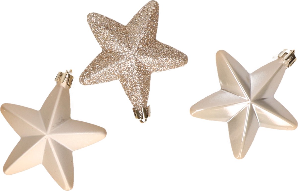 Decoris kersthanger sterren - 6x st - champagne - 7 cm - kunststof - kerstornamenten - kerstversiering
