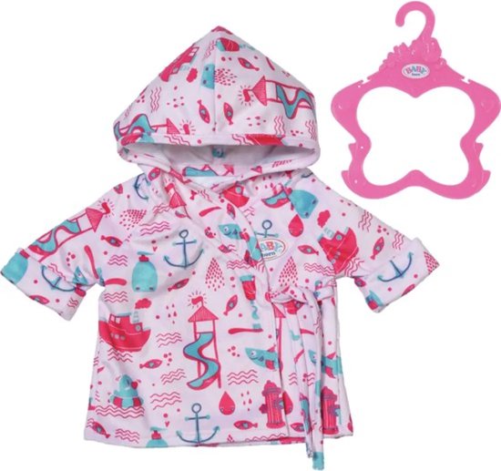 Roze badjas met capuchon, versierd met een patroon van schepen, ankers, glijbanen en vuurtorens in roze en blauw.