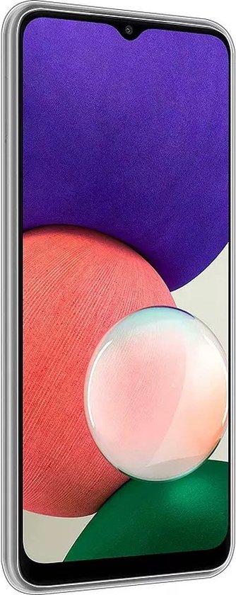 Voorkant van een Samsung Galaxy A22 5G met paars, roze en groene achtergrond.