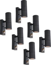 6x Blenda wandlamp - 2700K warm wit - Bewegingsmelder en schemerschakelaar - Zwart - IP44 spatwaterdicht - Up & Downlight voor buiten
