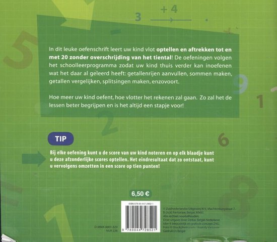 Groene omslag met cijfers en tekst. Inclusief ISBN, prijs en tip. Het boek gaat over rekenen 6-7 jaar.