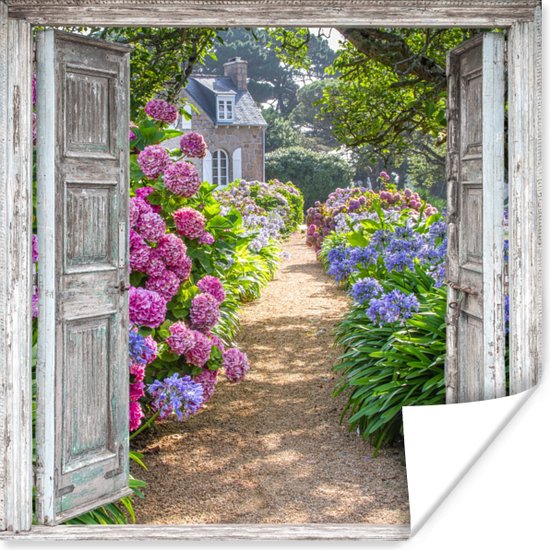 Poster Doorkijk - Hortensia - Bloemen - 75x75 cm