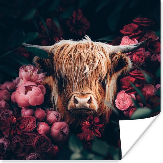 Poster Koe - Schotse hooglander - Bloemen - botanisch - 50x50 cm