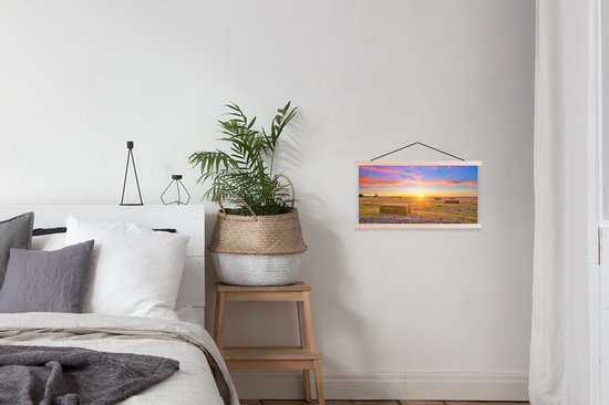 Posterhanger incl. Poster 60x30 cm - Schoolplaat - Stro - Zon - Lucht - Landschap - Textielposter - Blanke latten