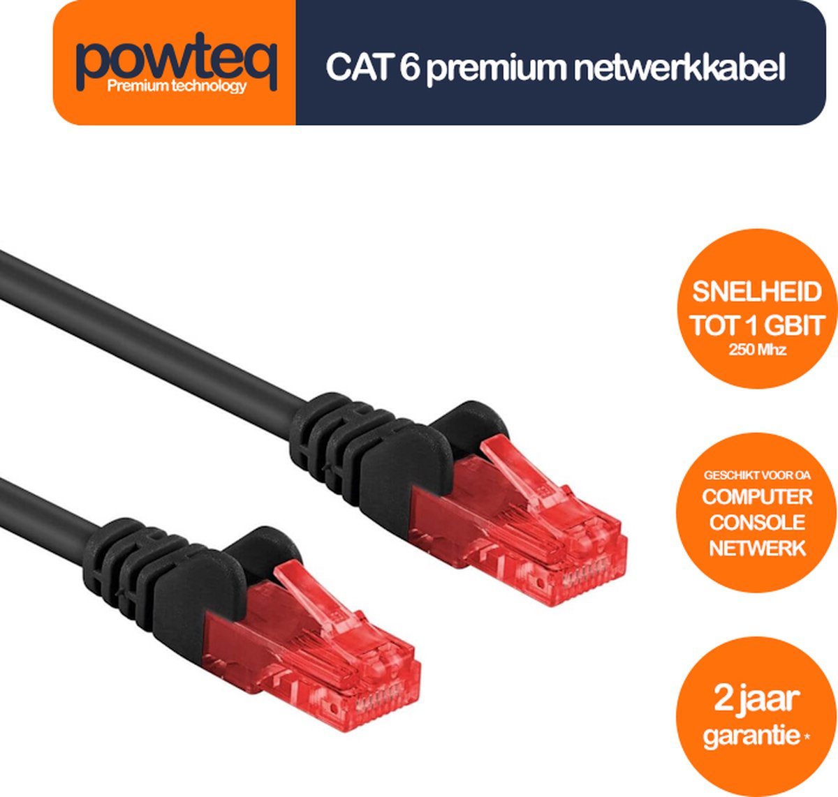 Powteq - 10 meter premium UTP patchkabel - CAT 6 - Zwart - (netwerkkabel/internetkabel)