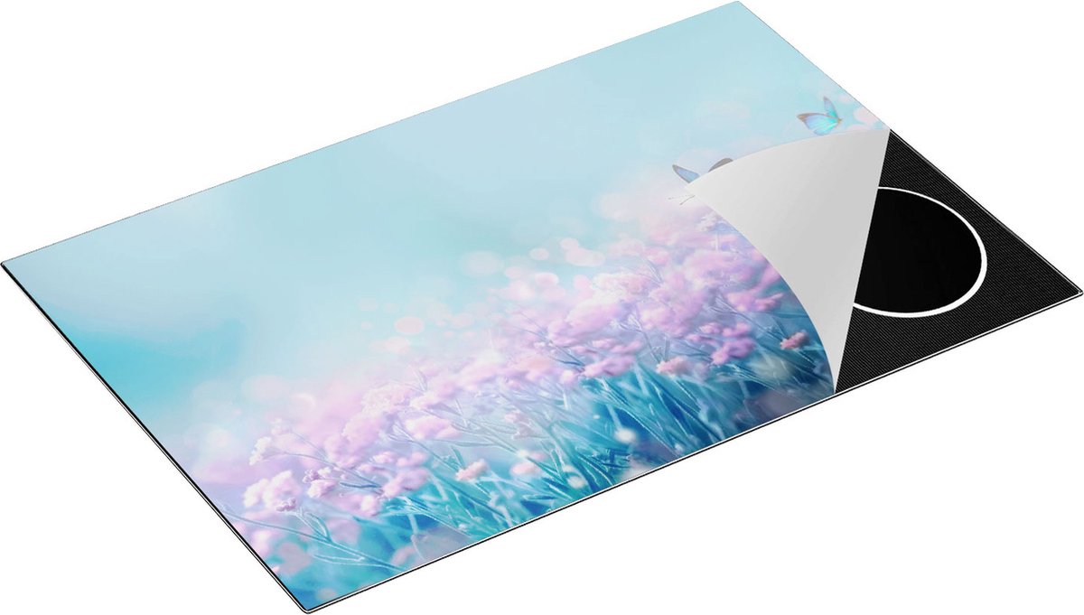 Chefcare Inductie Beschermer Twee Blauwe Vlinders bij Roze Bloemen - 80,2x52,2 cm - Afdekplaat Inductie - Kookplaat Beschermer - Inductie Mat