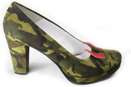 Pumps - Retro - Suède - Blokhak - Groen/Kaki - Camouflage - Belgisch