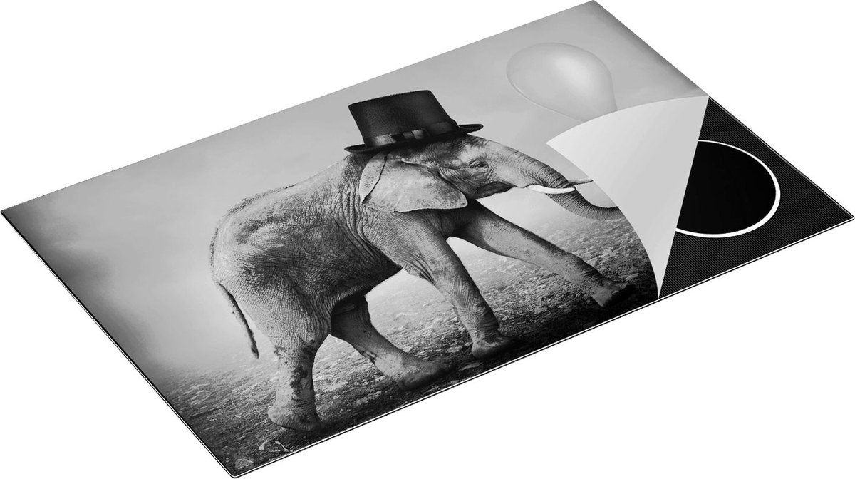 Chefcare Inductie Beschermer Olifant met een Oranje Ballon - Hoedje - Zwart Wit - 85x52 cm - Afdekplaat Inductie - Kookplaat Beschermer - Inductie Mat