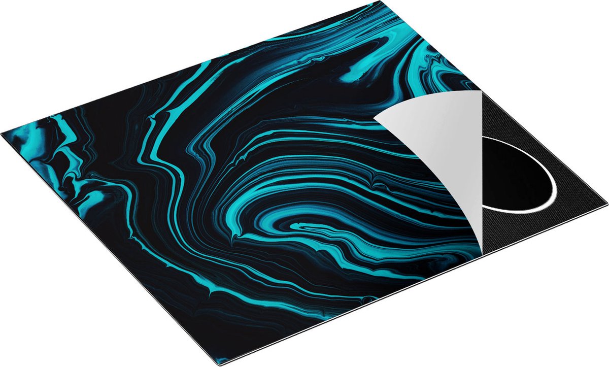 Chefcare Inductie Beschermer Abstracte Kunst - Aqua Blauw met Zwart - 57,6x51,6 cm - Afdekplaat Inductie - Kookplaat Beschermer - Inductie Mat