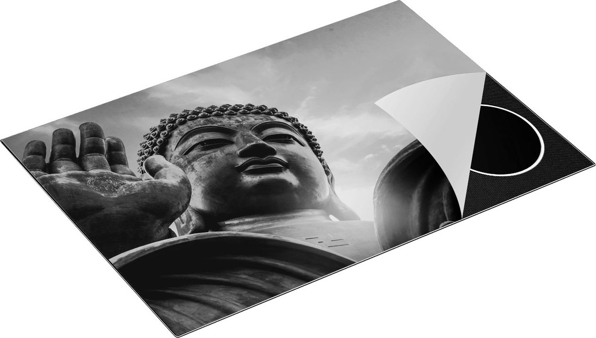 Chefcare Inductie Beschermer Groot Boeddha Standbeeld van Dichtbij - Zwart Wit - 75x52 cm - Afdekplaat Inductie - Kookplaat Beschermer - Inductie Mat