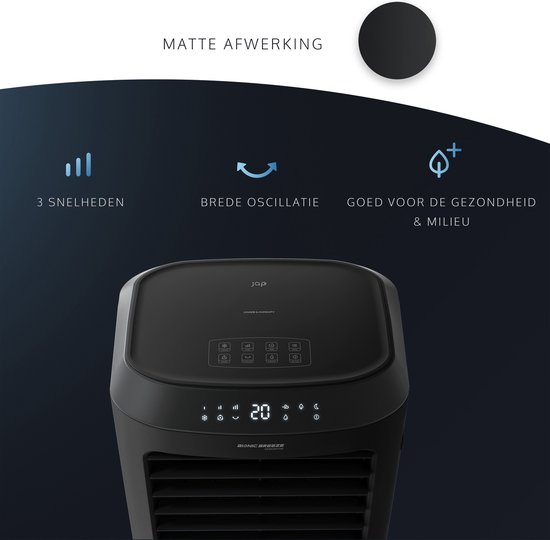 Zwarte mat afgewerkte aircooler met digitaal bedieningspaneel, 3 snelheden en brede oscillatie.