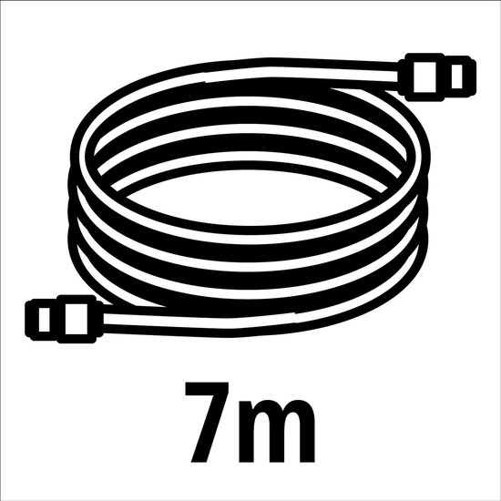 Een opgerolde zwarte slang met koppelstukken aan beide uiteinden, 7 meter lang.