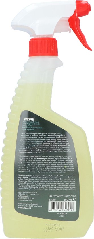 Achterkant van een spuitfles Valma Insectfree reiniger. Toont gebruiksaanwijzing en productinformatie.
