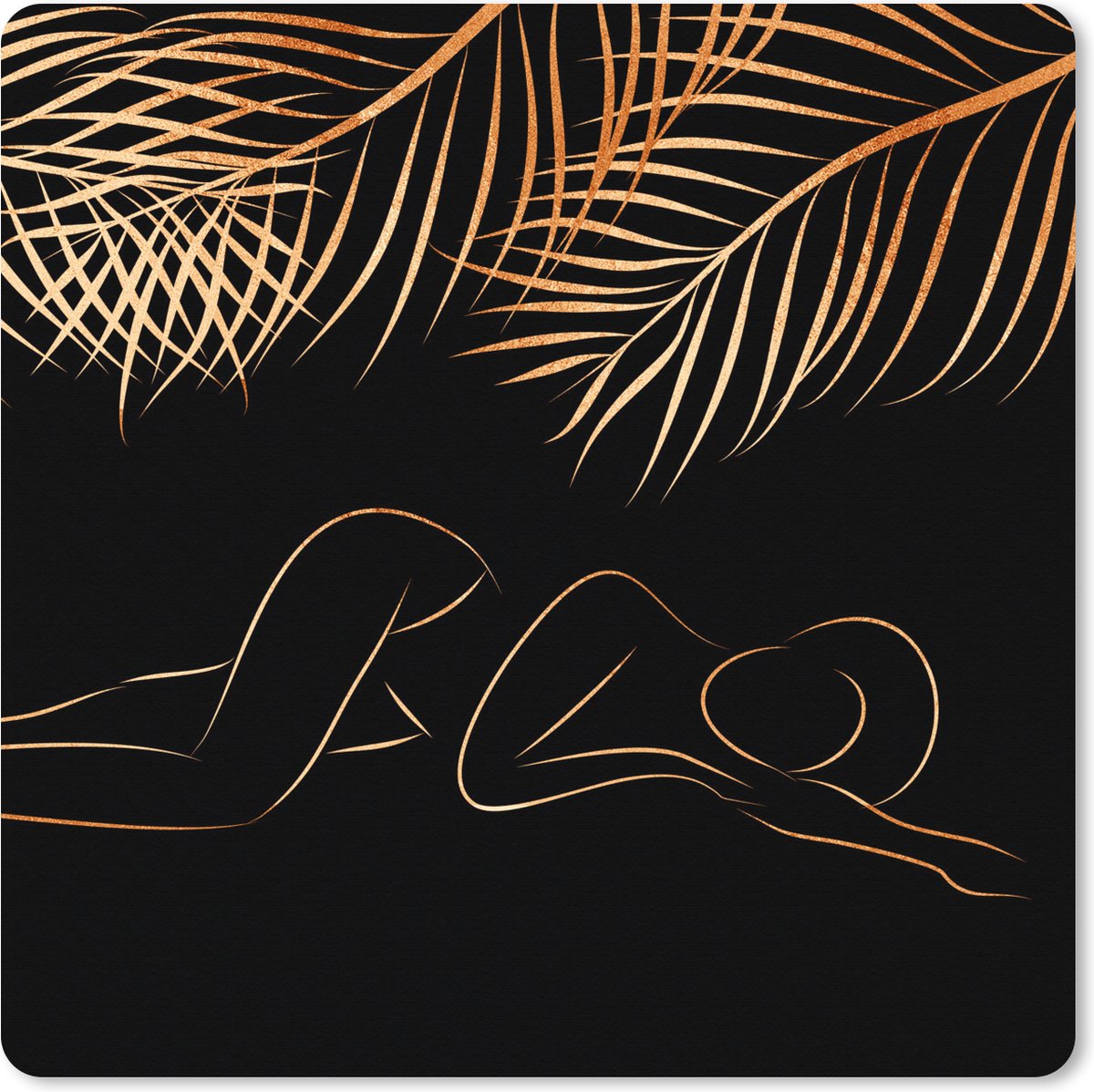 Muismat XXL 80x80 cm - Bureau onderlegger - Bureau mat Vrouw - Bladeren - Line at - Black and gold - Bureaumat - Gaming mousepad xl - Bureaulegger groot - Computer deskmat