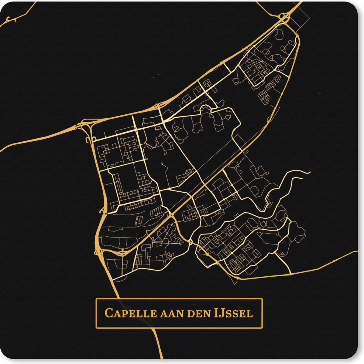 Muismat XXL 60x60 cm - Bureau onderlegger - Bureau mat Kaart - Capelle aan den IJssel - Goud - Zwart - Bureaumat - Gaming mousepad xl - Bureaulegger groot - Computer deskmat