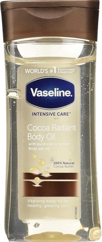 Vaseline Intensive Care Cocoa Radiant Body Oil 200ml fles met bruine dop. Heldere olie met bubbels.