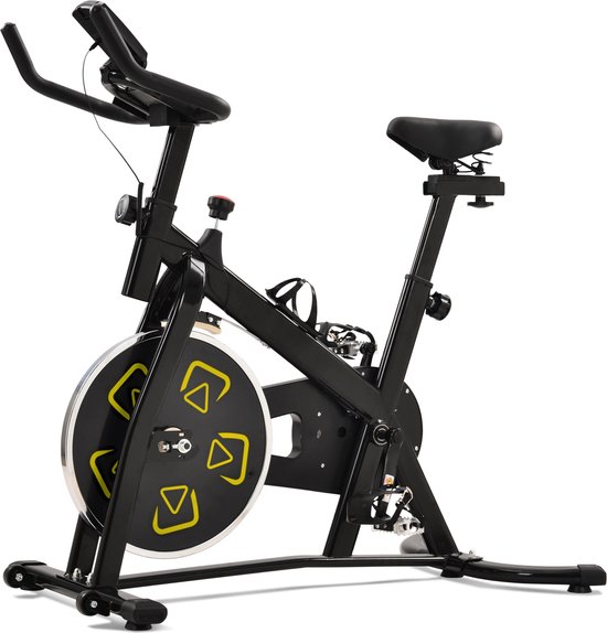 Indoor Cycling Bike Stationaire fiets Home Hometrainer Cardio Gym Belt Drive Workout Bike met iPad-bevestiging & comfortabel zitkussen & LCD-monitor - 220 LBS Gewichtscapaciteit-geel en zwart