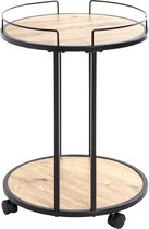 Table d'appoint à roulettes - Plateaux ronds décor Chêne - Structure solide en acier noir - 2 roulettes avec freins - 45Ø x 60cm