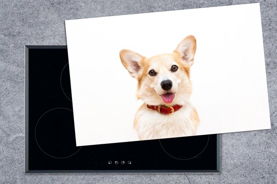 KitchenYeah® Inductie beschermer 81.6x52.7 cm - Corgi met halsband op witte achtergrond - Kookplaataccessoires - Afdekplaat voor kookplaat - Inductiebeschermer - Inductiemat - Inductieplaat mat