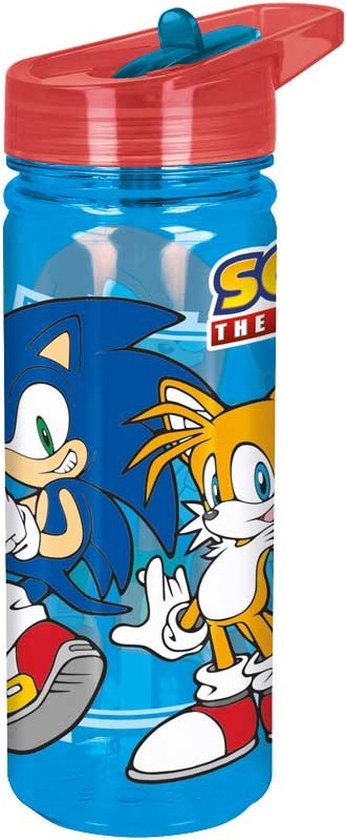 Bouteille de boisson Tritan bleue avec imprimé Sonic et Tails. Bouchon rouge avec bec.