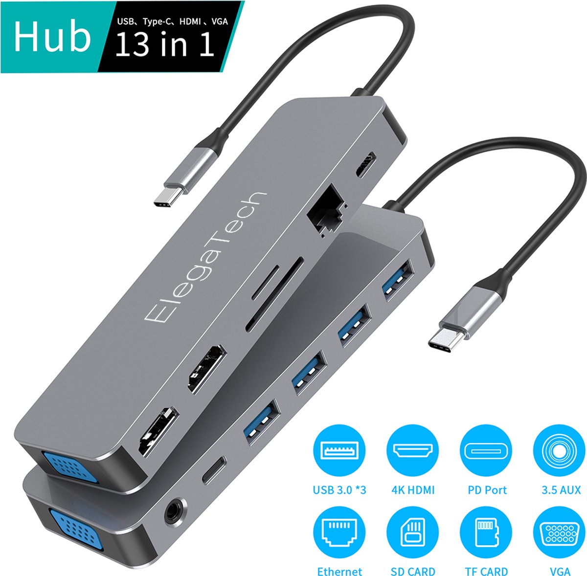 ElegaTech 13in1 100W USB C Hub - Docking station met 2x HDMI 30hz & RJ45 1000 MB/S & VGA & SD/ Micro SD & USB C Poorten & 3.5mm Audio & USB 3.0/ 2.0