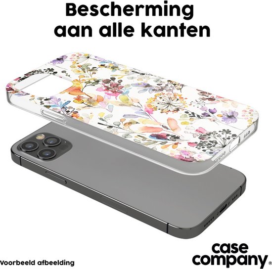 Transparante hoes met veelkleurig, aquarel-achtig bloemen- en graspatroon, gedrapeerd over een Samsung Galaxy.