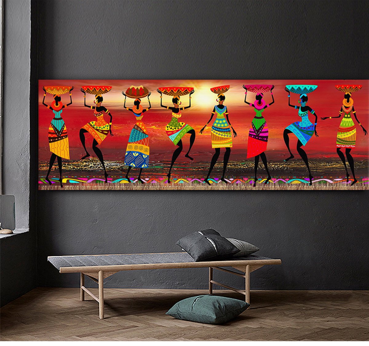 Tableau Toile Femmes Africaines Dansant - Déco Murale Colorée 50x150cm, Style Ethnique