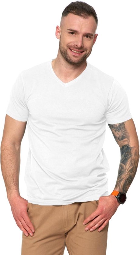 Premium Line T-shirt van gekamd katoen met V-hals - wit 3XL